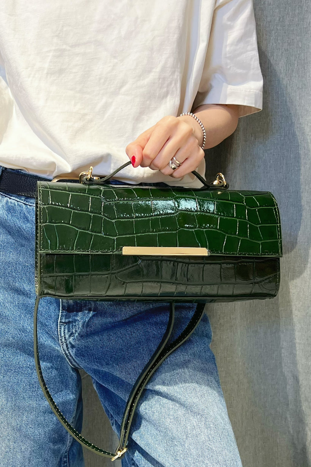 ZZ156 Dark Green Croco Leather Pochette Bag