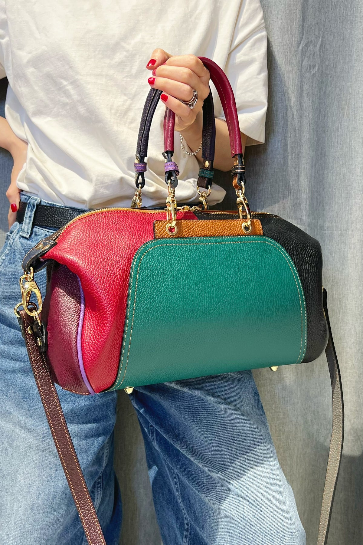 ZZ056 Teal Green Multicolor Leather Handbag