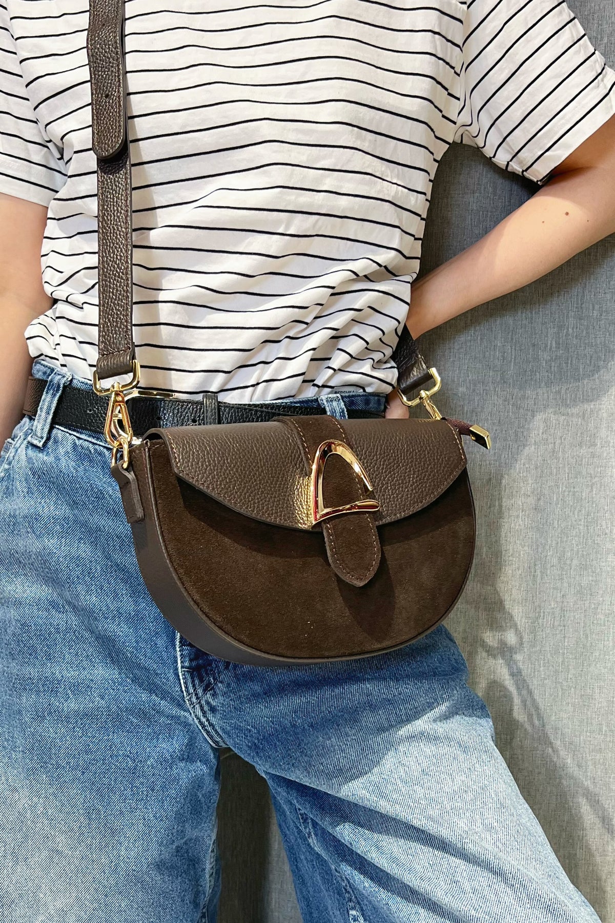 ZZ173 Brown Leather Suede Crossbody Bag