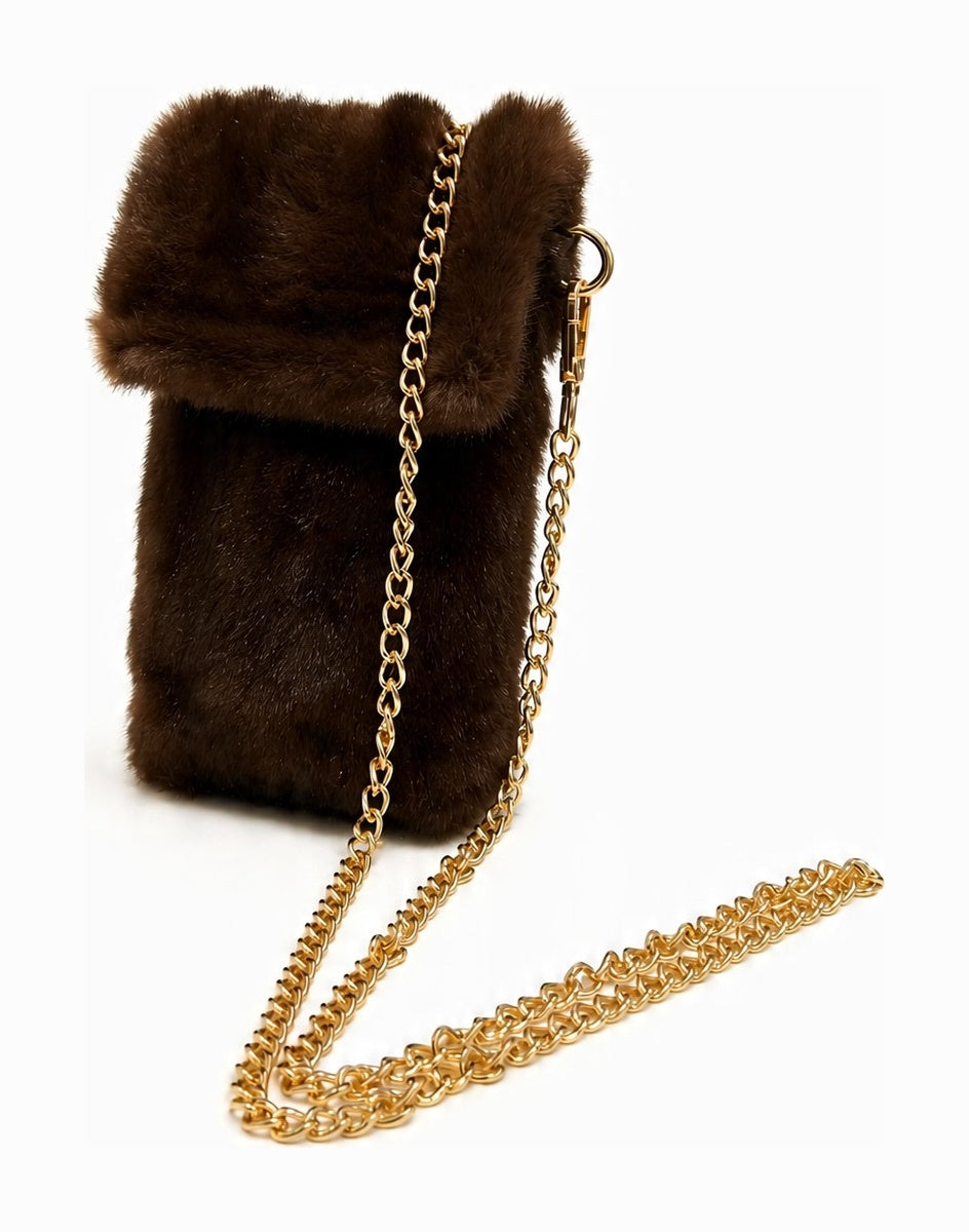 JA018 Brown Faux Fur Chain Phone Bag