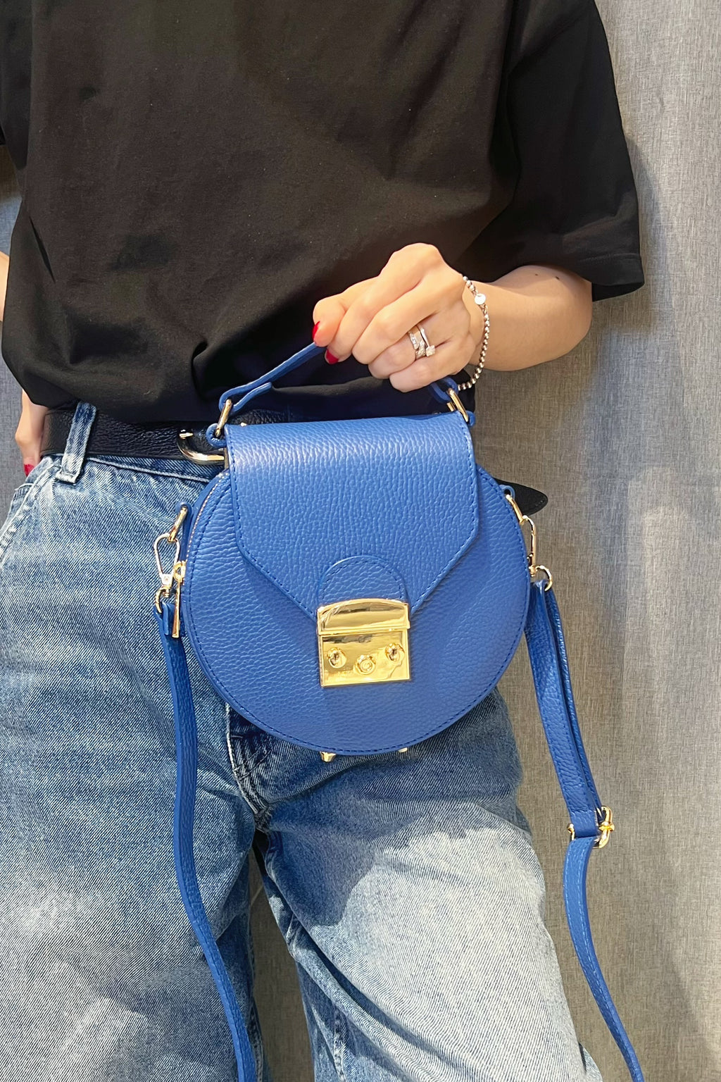 ZZ107 Electric Blue Round Leather Crossbody Bag