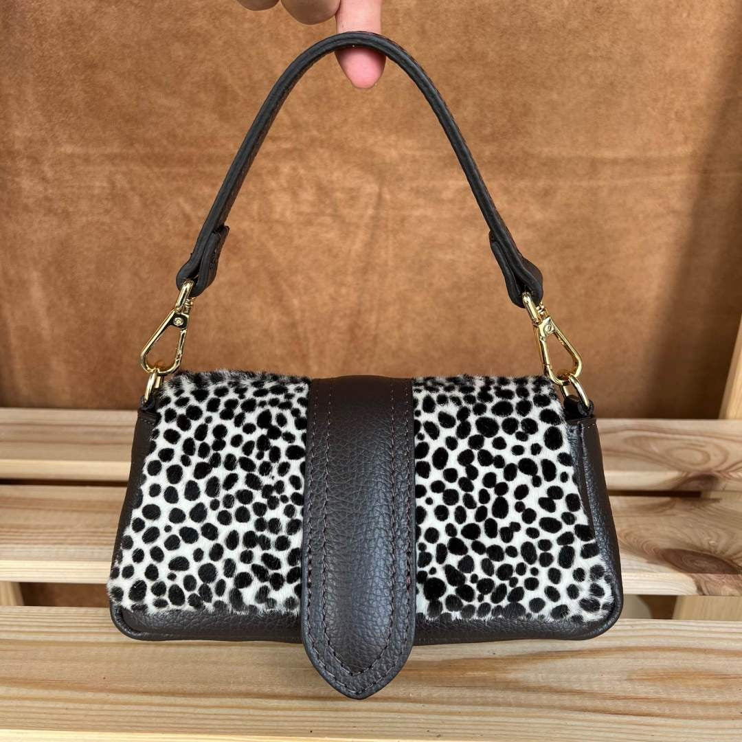 MI559 Black & White Spot Print Pony Hair Mini Flap Bag