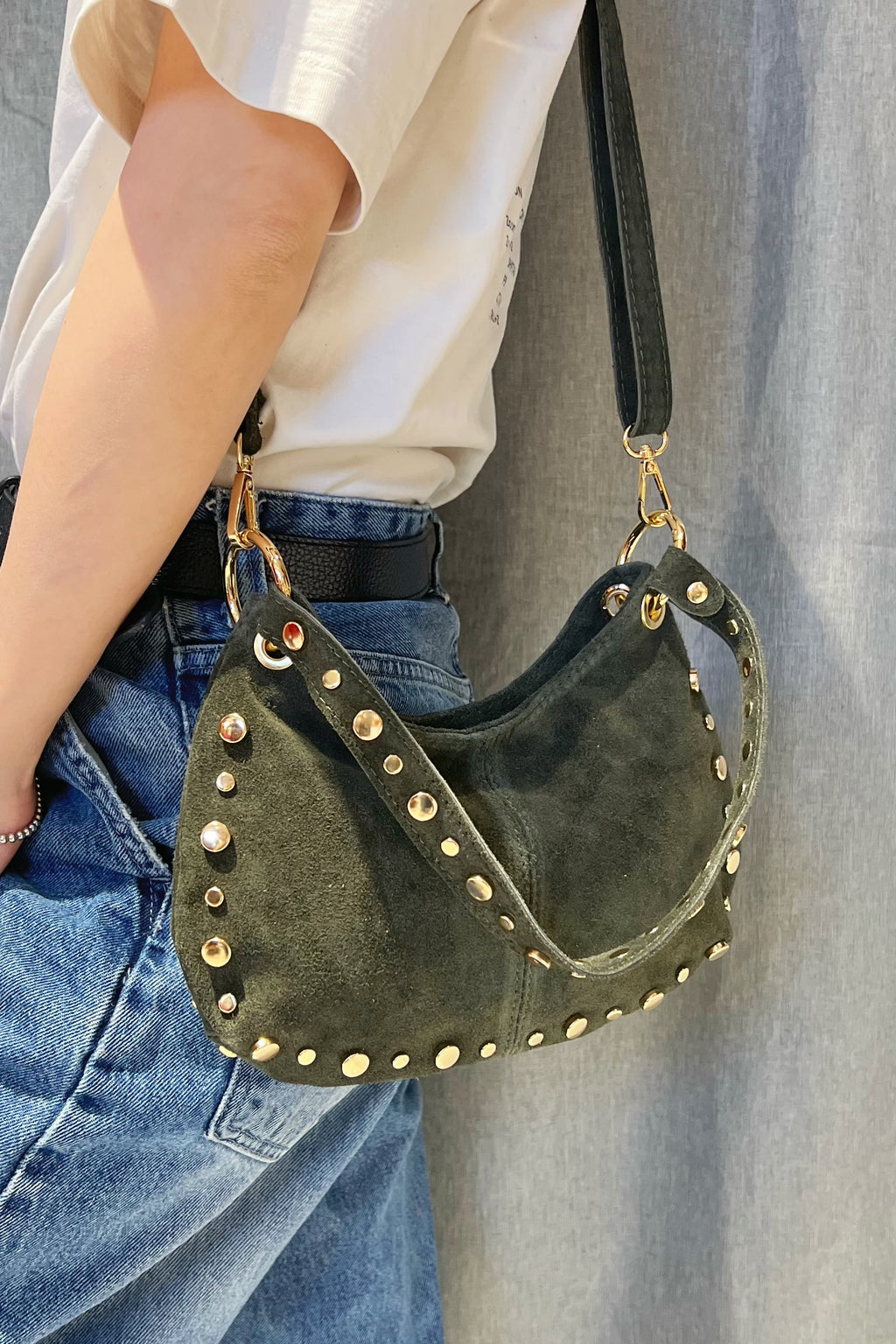 ZZ111 Khaki Studded Suede Handbag