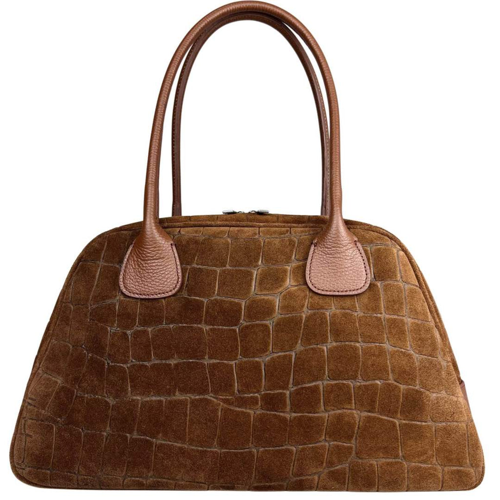 Mi169 Brown Croco-Print Suede Bowling Bag