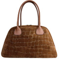 Mi169 Brown Croco-Print Suede Bowling Bag