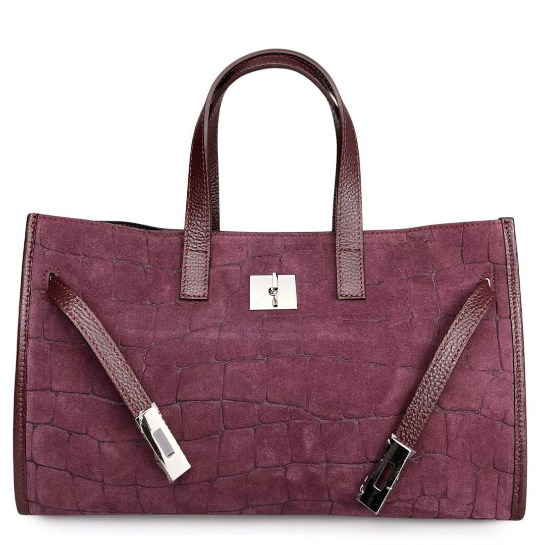 Mi135 Burgundy Croco-Print Suede Tote