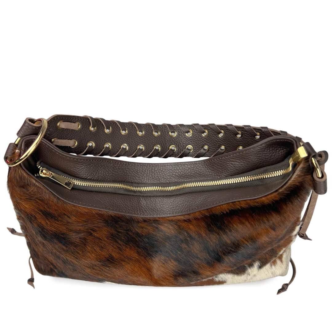 Mi121 Cow Print Pony Hair Woven-Trim Bag
