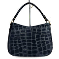 Mi156 Black Croco-Print Suede Hobo Bag