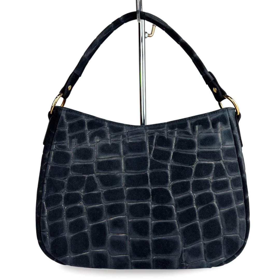 Mi156 Black Croco-Print Suede Hobo Bag