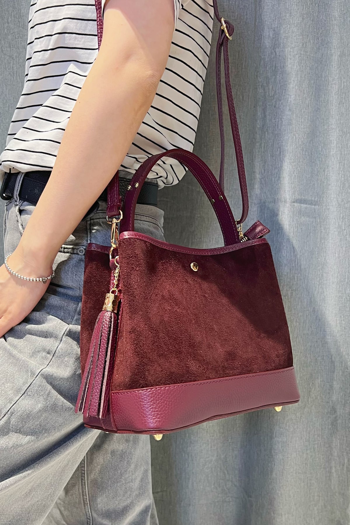 ZZ065 Burgundy Leather Suede Bucket Bag