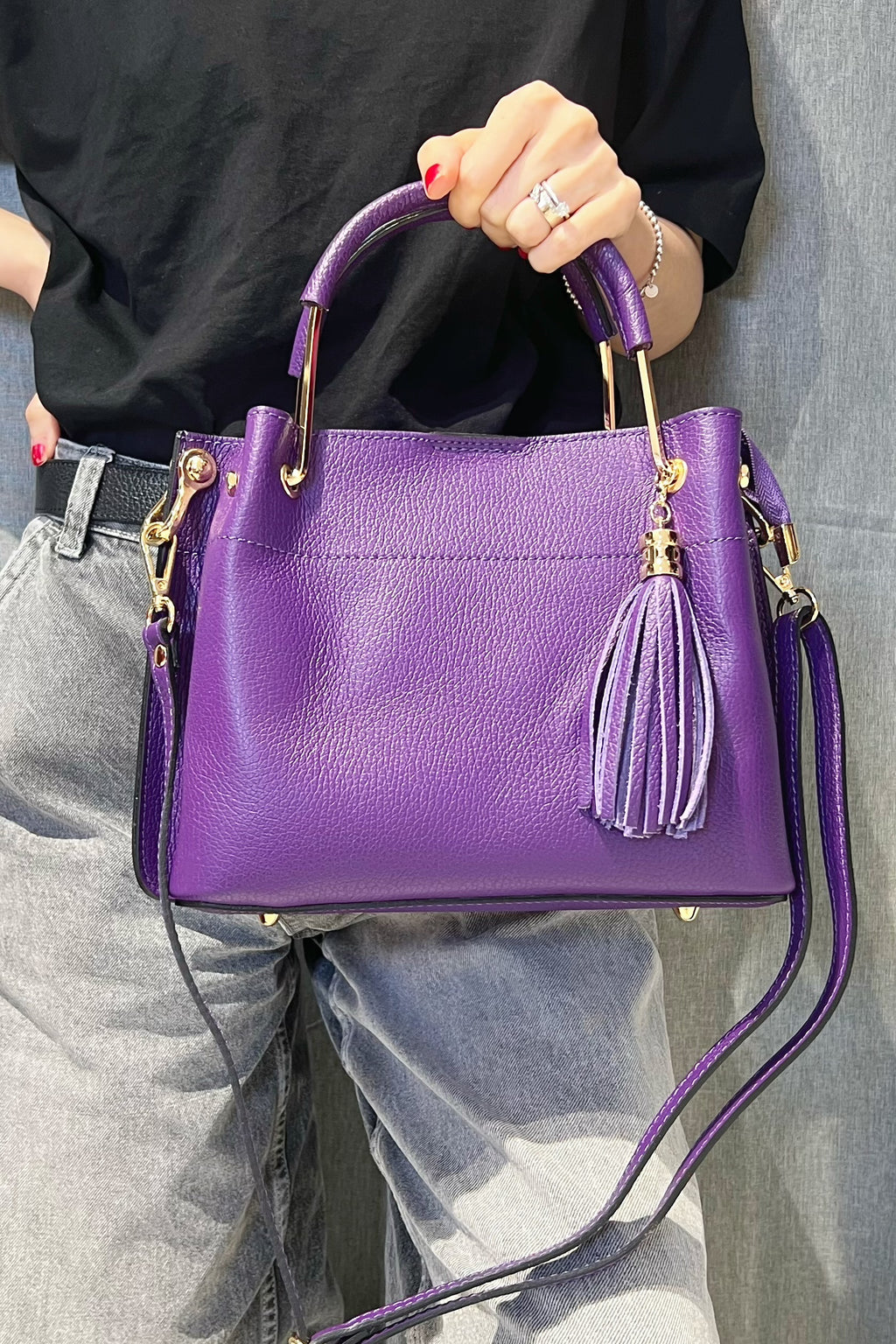 ZZ077 Purple Leather 3-Compartment Handbag