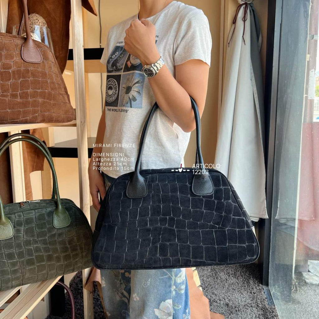 Mi173 Black Croco-Print Suede Bowling Bag