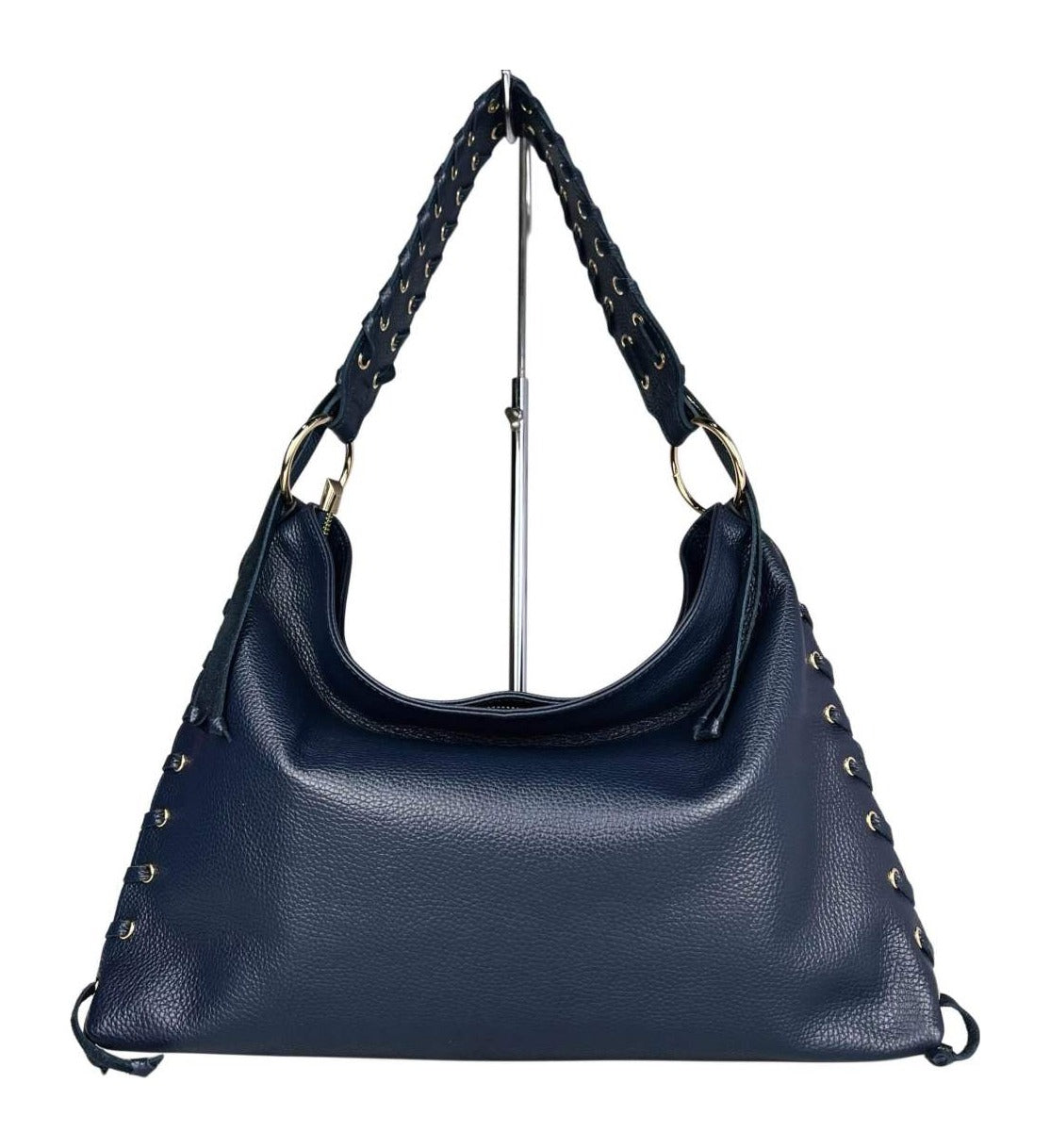 MI583 Navy Leather Laced Hobo Bag