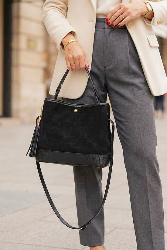ZZ063 Black Leather Suede Bucket Bag