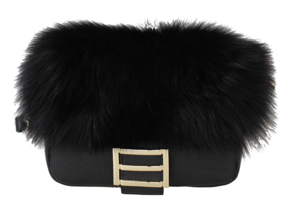 909  Italian Black Fur and Leather Handbag with Gold Chain