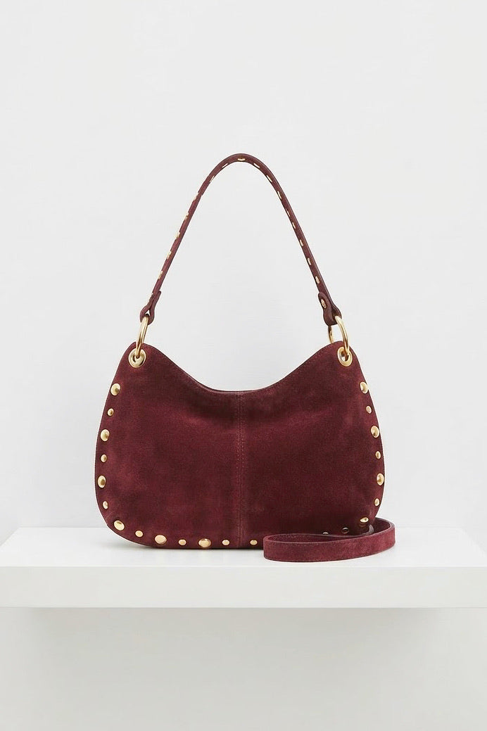 ZZ110 Burgundy Studded Suede Handbag