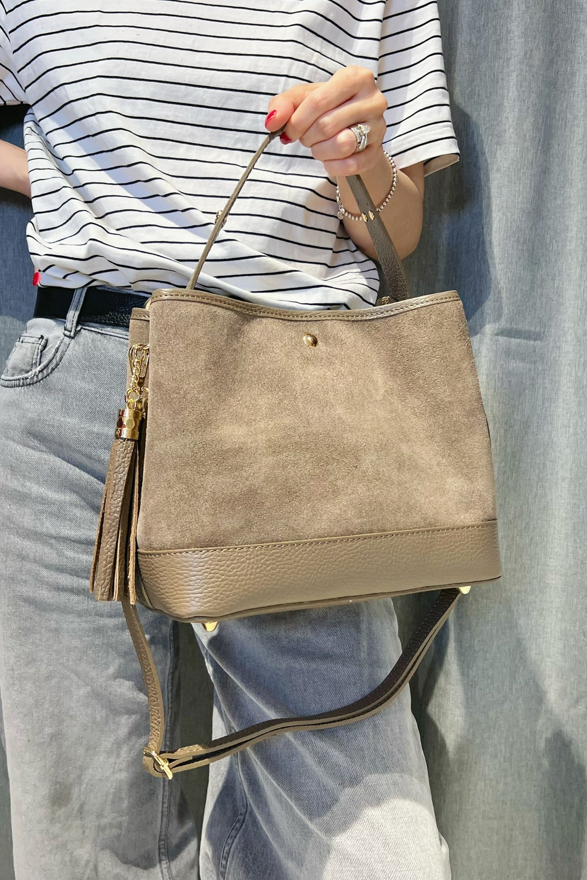 ZZ062 Taupe Leather Suede Bucket Bag