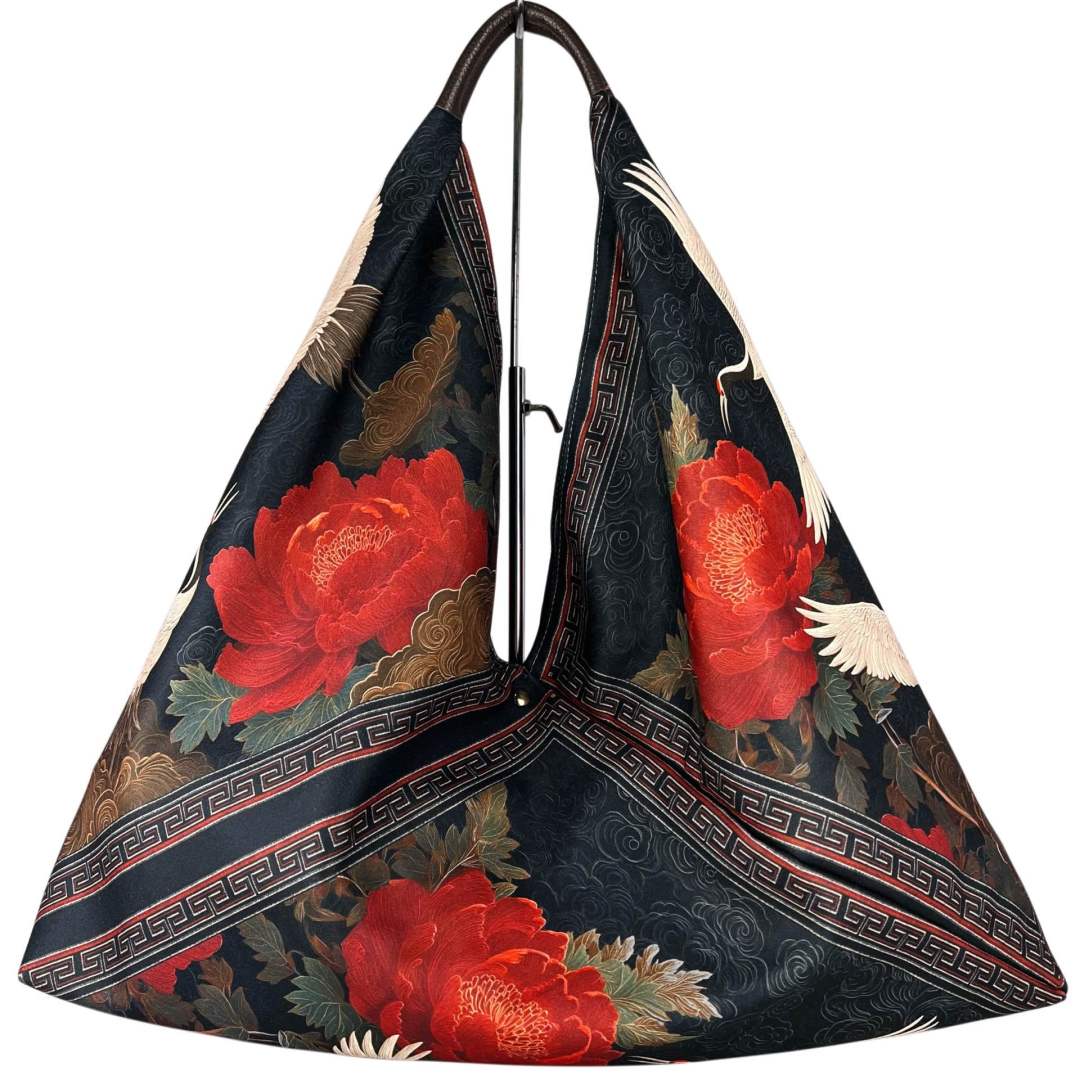 MI505 Black Crane & Peony Print Triangle Bag