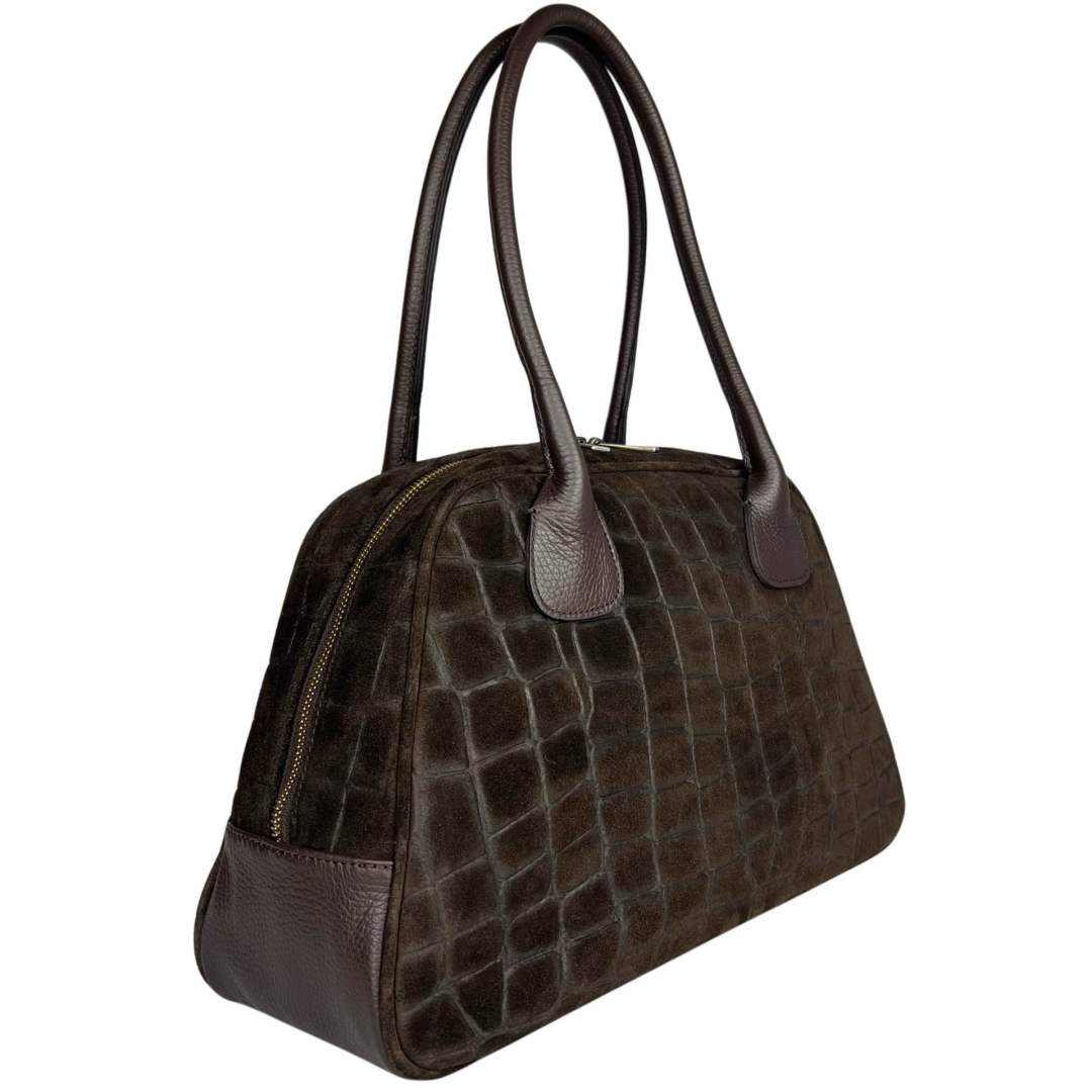 Mi168 Dark Brown Croco-Print Suede Bowling Bag