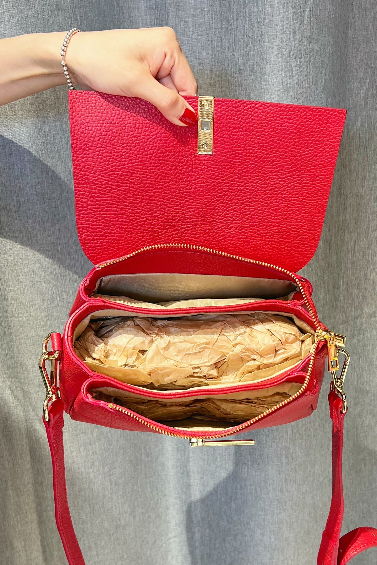 ZZ147 Bright Red Leather 3-Compartment Crossbody Bag