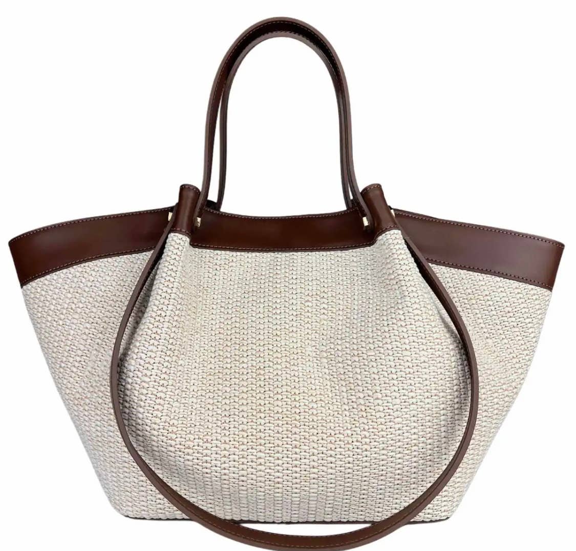MITRAB Brown Raffia and Leather Trapezoidal Tote Bag