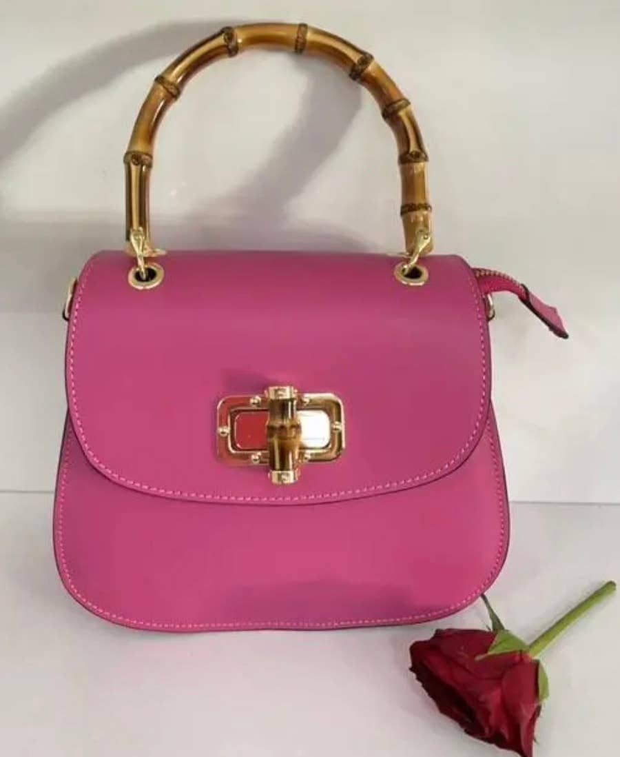 STBPI Fuchsia Italian Leather Crossbody Bag w/Bamboo Handles