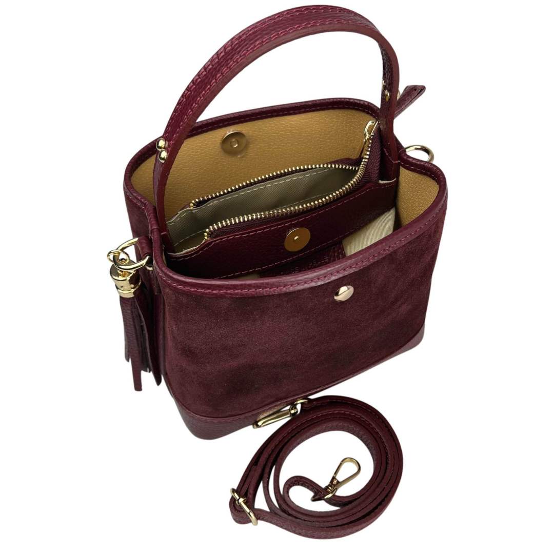 Mi141 Burgundy Tasseled Suede Bucket Bag