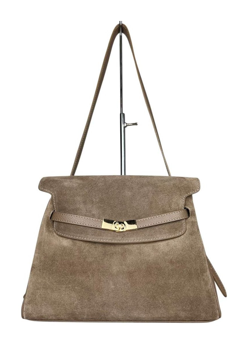 MI580 Dark Taupe Suede Belted Shoulder Bag