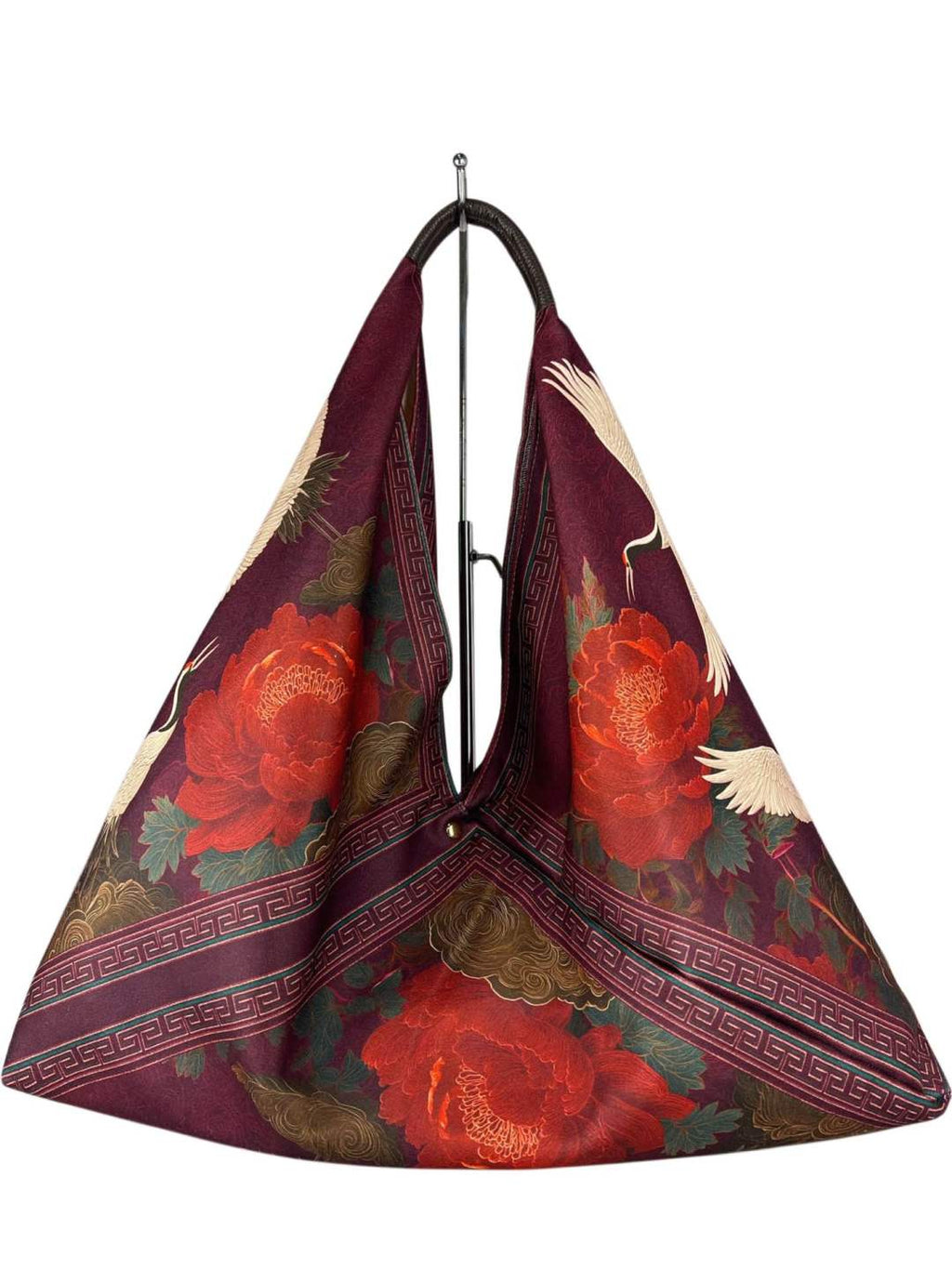 MI499 Burgundy Crane & Peony Print Triangle Bag