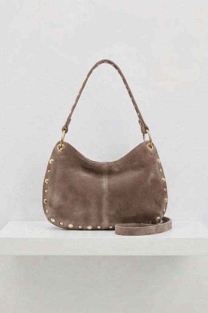 ZZ115 Taupe Studded Suede Handbag