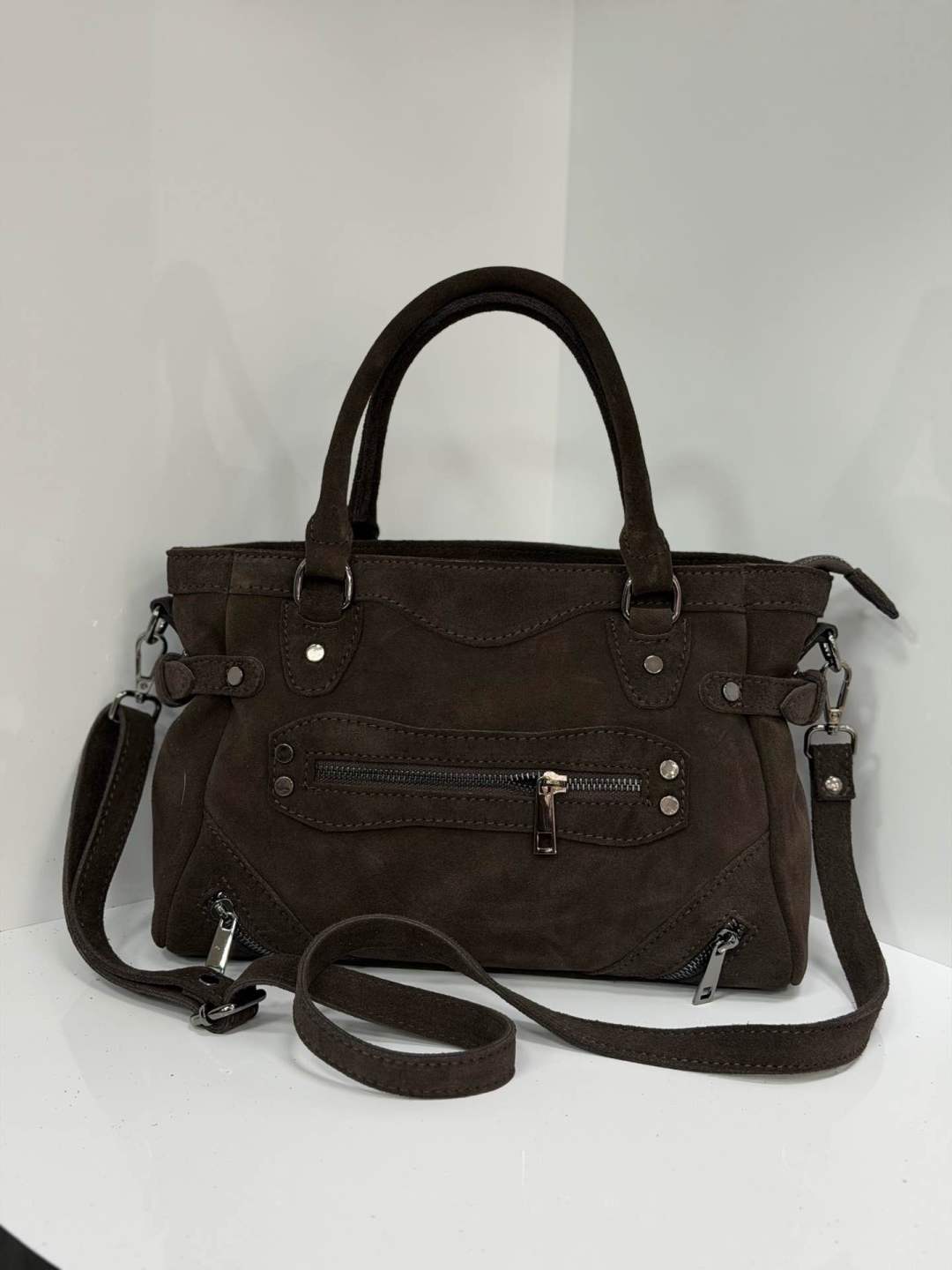 ST147 Dark Brown Suede Top Handle Bag