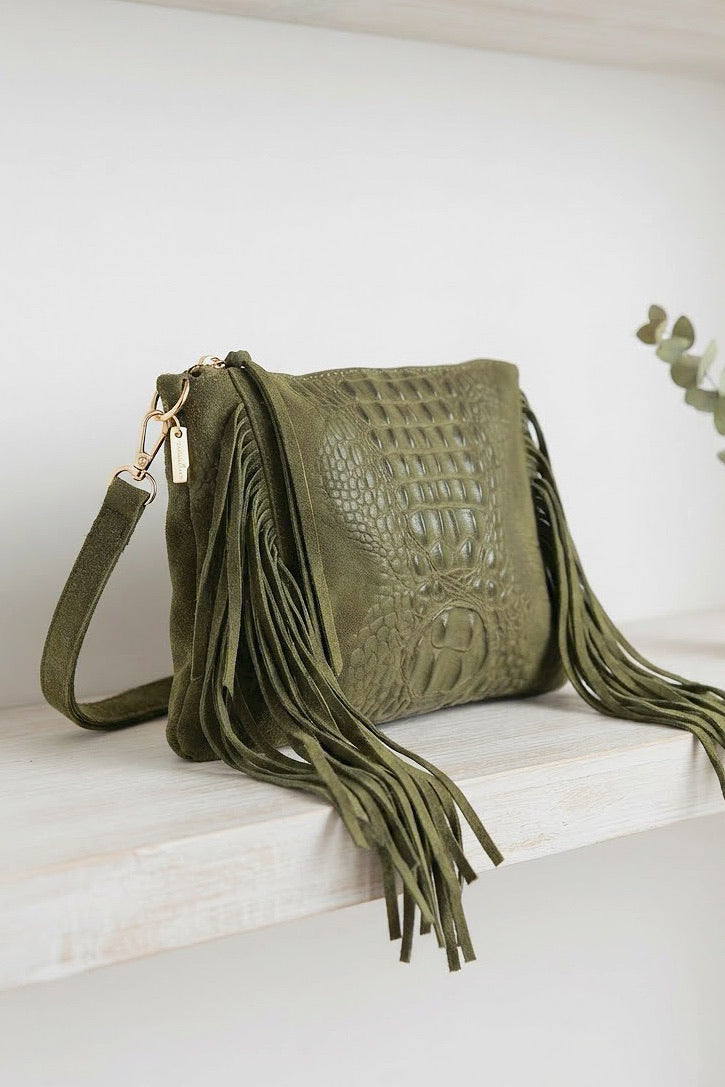 ZZ096 Khaki Croco Suede Fringe Crossbody Bag