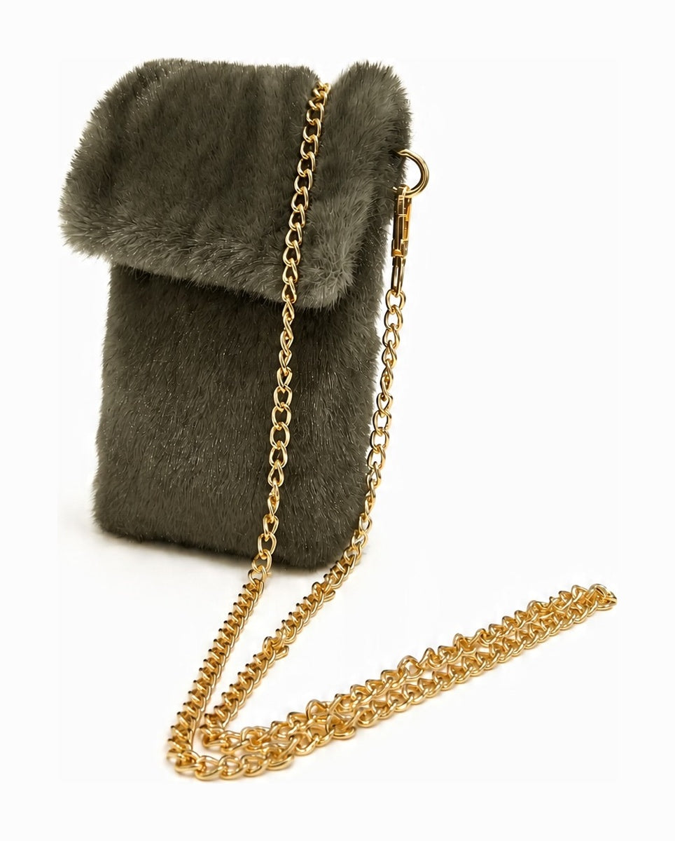 JA020 Olive Faux Fur Chain Phone Bag