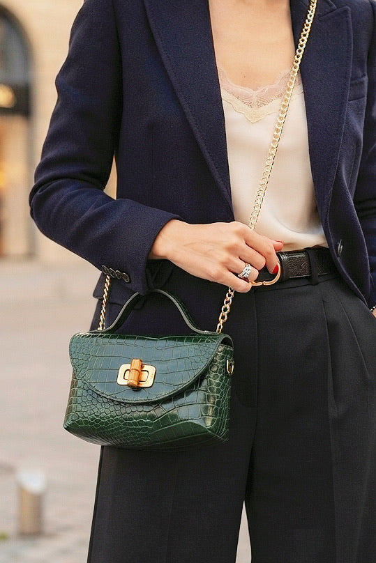 ZZ023 Dark Green Croco Chain Crossbody Bag