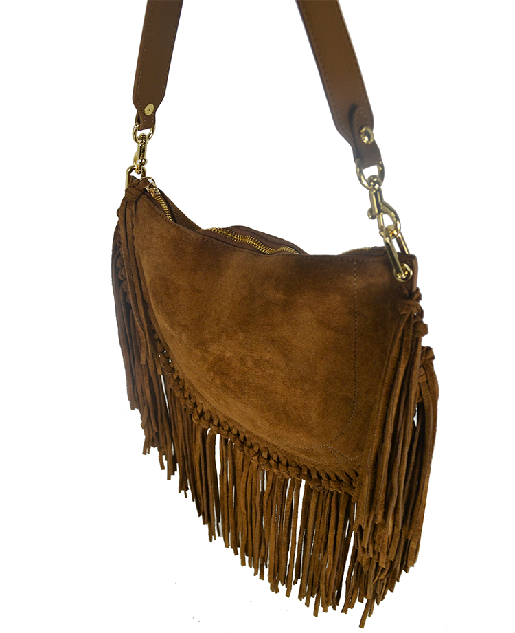 IBCGCA Italian Camel Cowgirl Suede Fringed Shoulder Bag