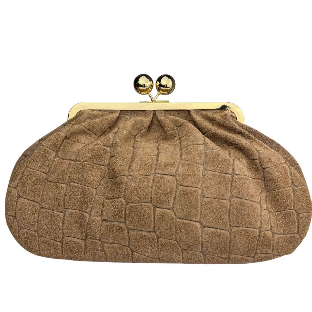 Mi274 Taupe Suede Croco-Print Clip Clutch