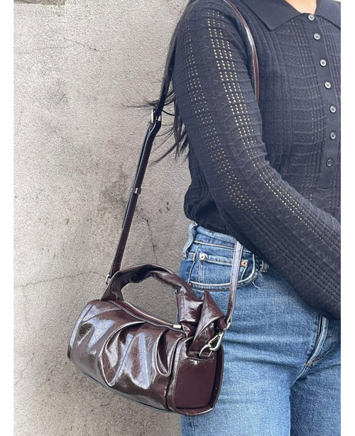 IT5788DB Glossy Leather Handbag with Knot Detail - Deep Brown