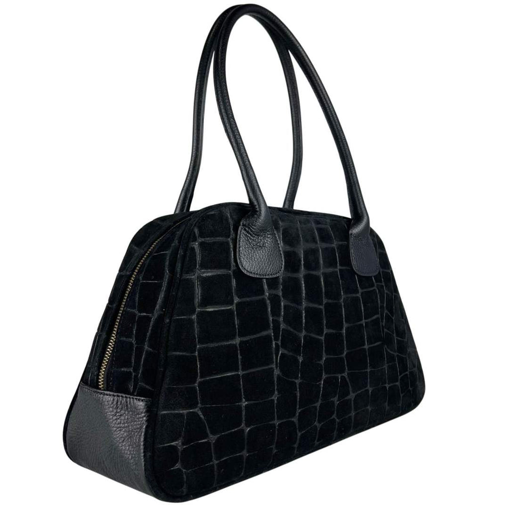 Mi173 Black Croco-Print Suede Bowling Bag
