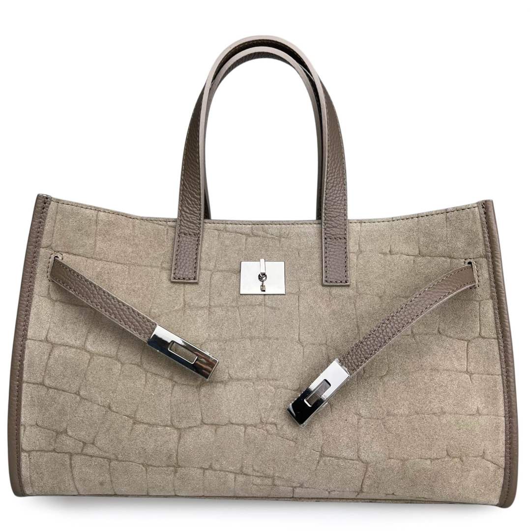 Mi134 Dark Taupe Croco-Print Suede Tote