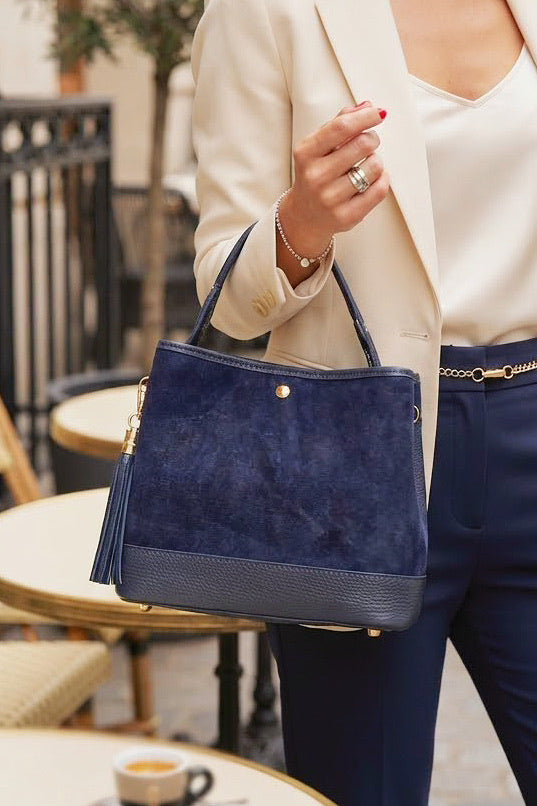 ZZ184 Navy Leather Suede Bucket Bag