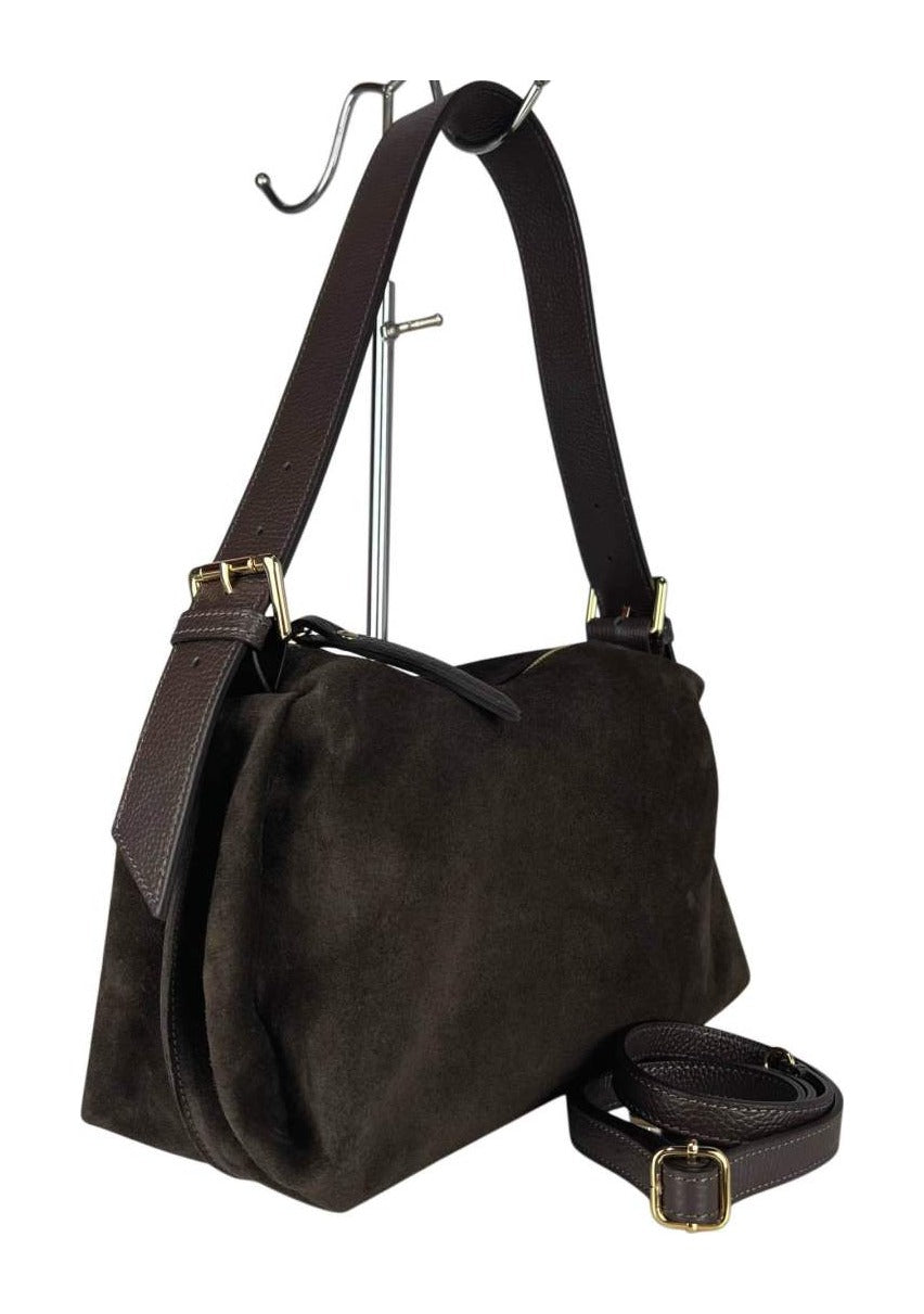 MI571 Dark Brown Suede Buckle Shoulder Bag