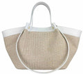 MITRAW White Raffia and Leather Trapezoidal Tote Bag