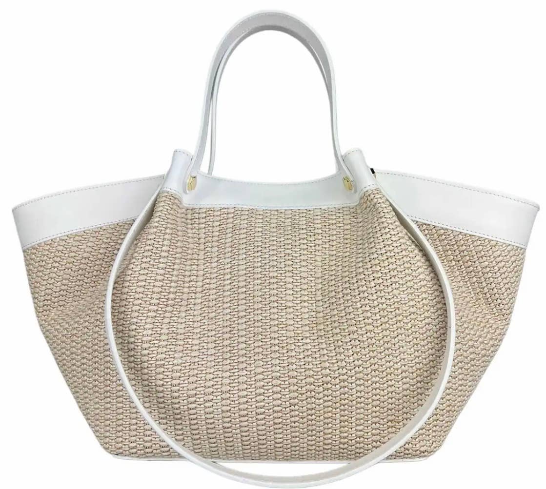 MITRAW White Raffia and Leather Trapezoidal Tote Bag