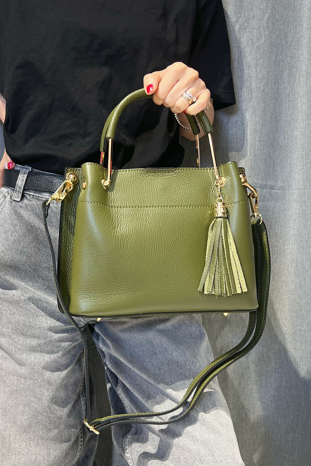 ZZ074 Khaki Leather 3-Compartment Handbag