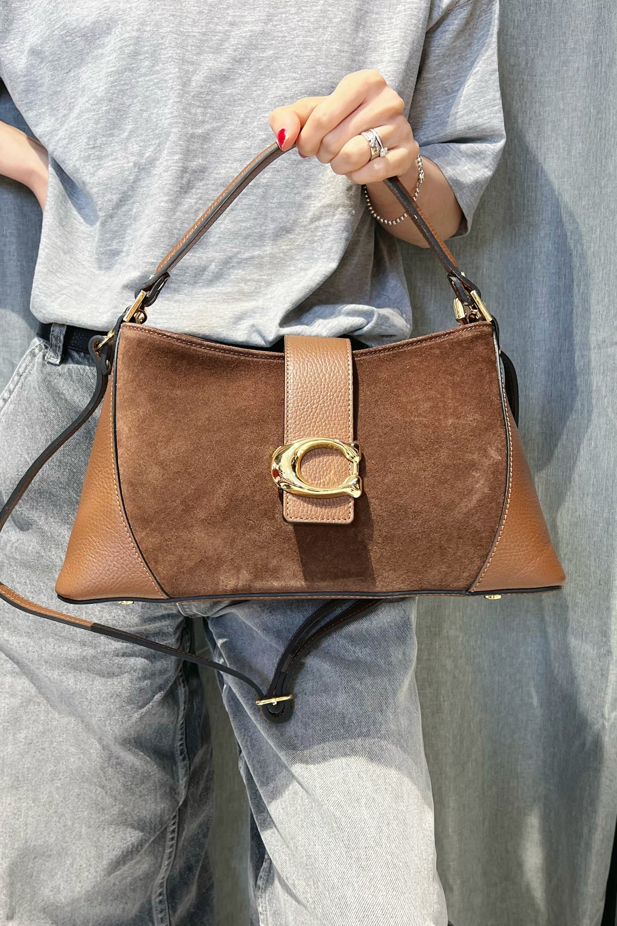 ZZ171 Cognac Leather Suede Shoulder Bag