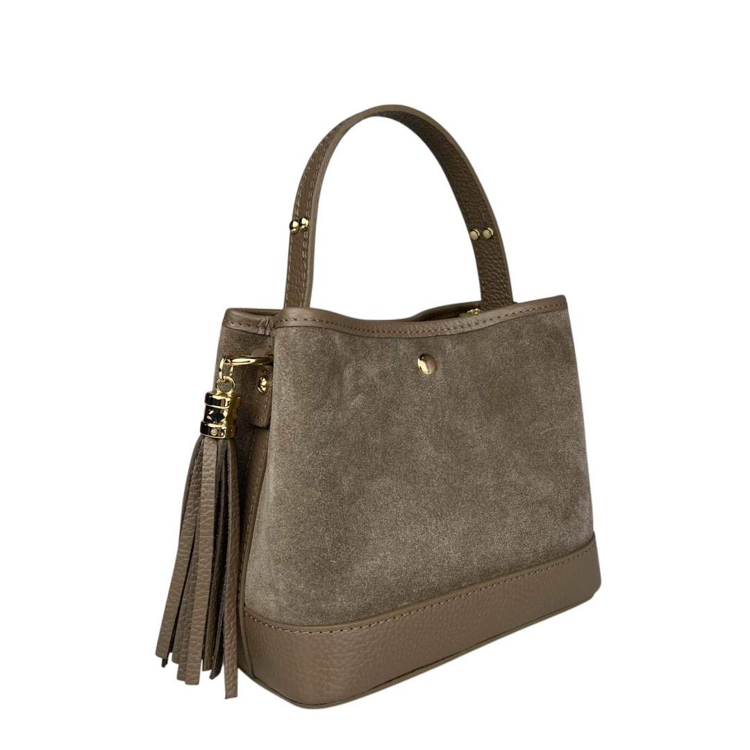 Mi145 Dark Taupe Tasseled Suede Bucket Bag