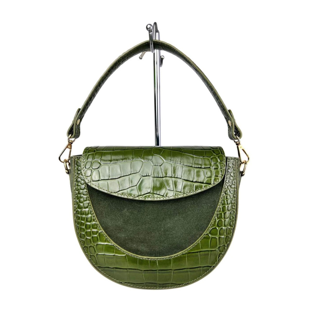 MI616 Olive Green Suede Croc Saddle Bag