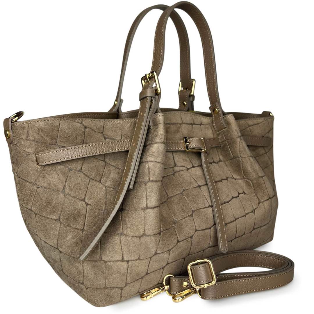 Mi080 Dark Taupe Croco-Print Suede Tote