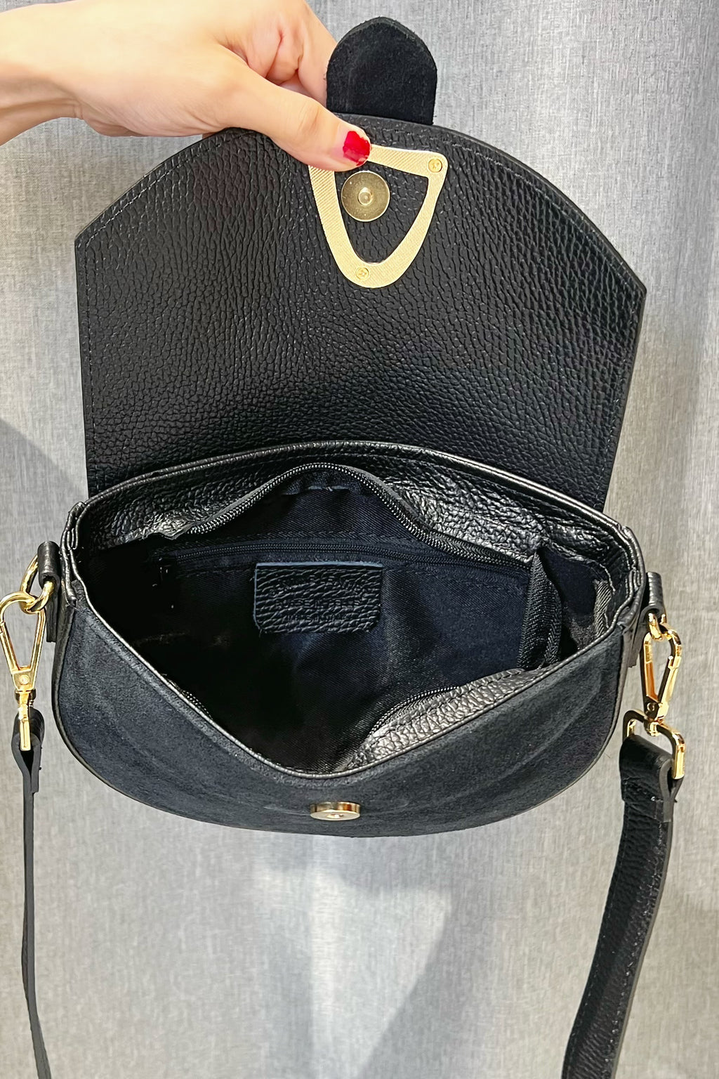 ZZ174 Black Leather Suede Crossbody Bag