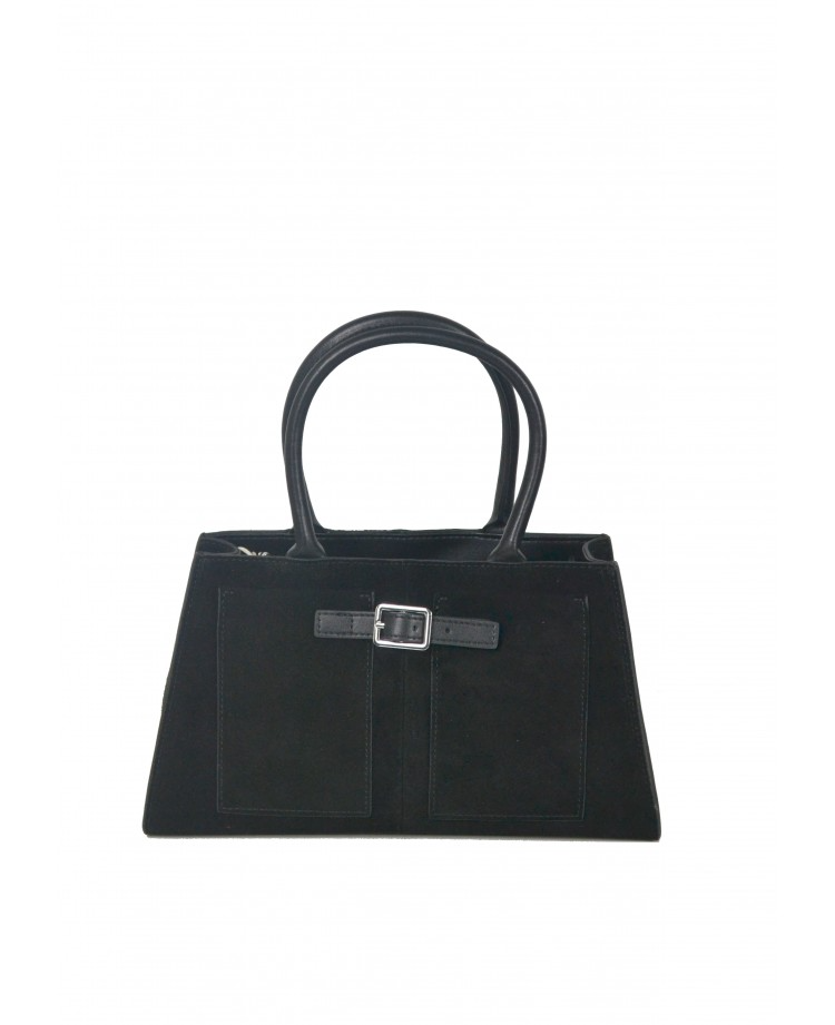 IBHBBK Italian Black Suede Trapeze Handbag w/ Buckled Detail